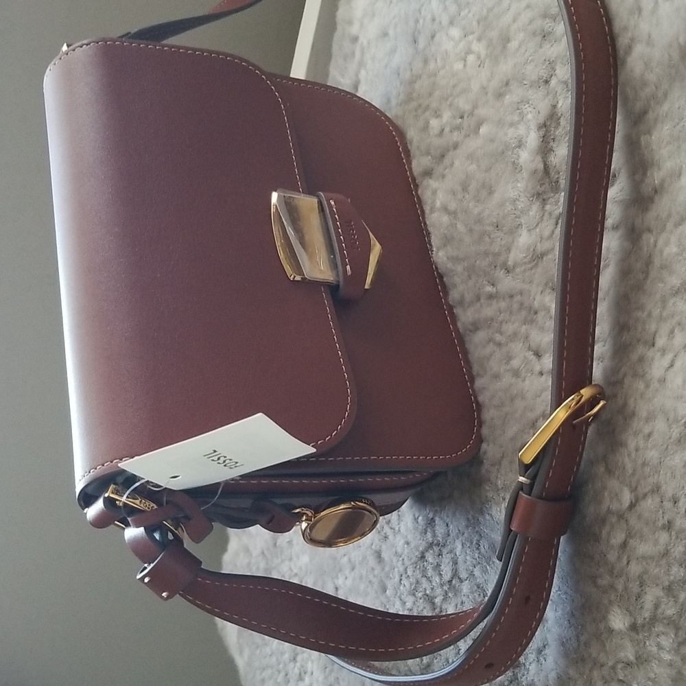 NEW! Fossil Lennox Leather Flap Crossbody Bag Brown